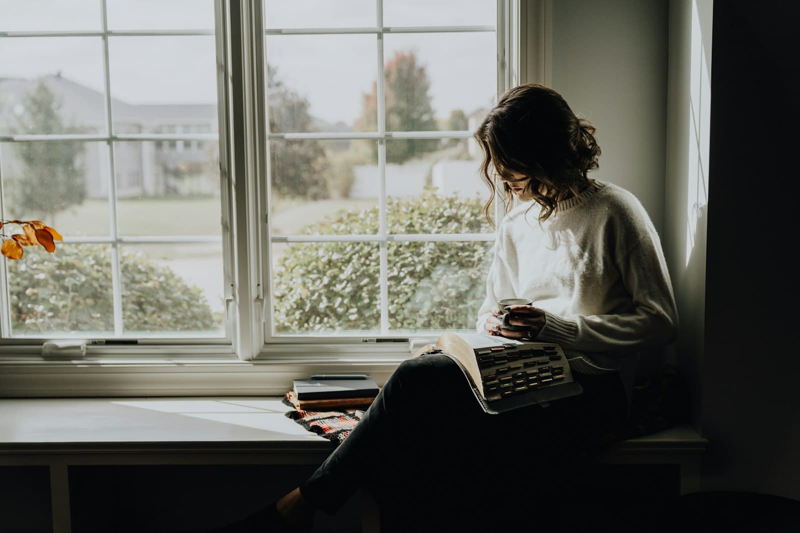A woman sitting on a window seat with a book, looking out at the garden