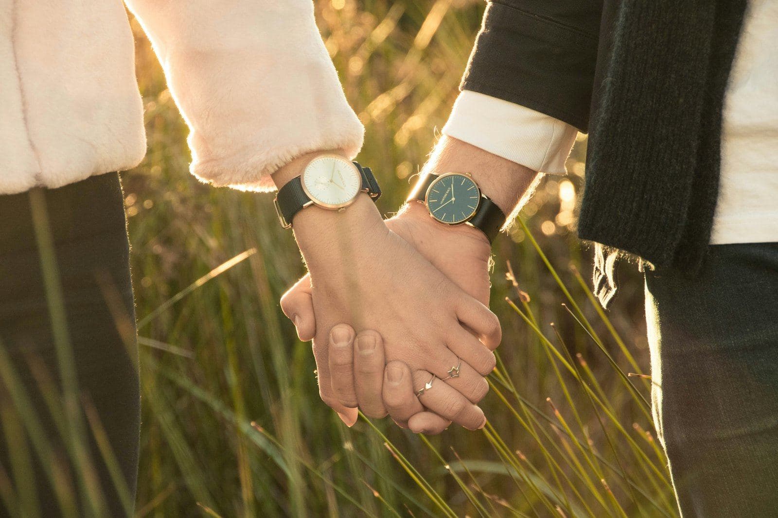 A couple holding hands in tall grass