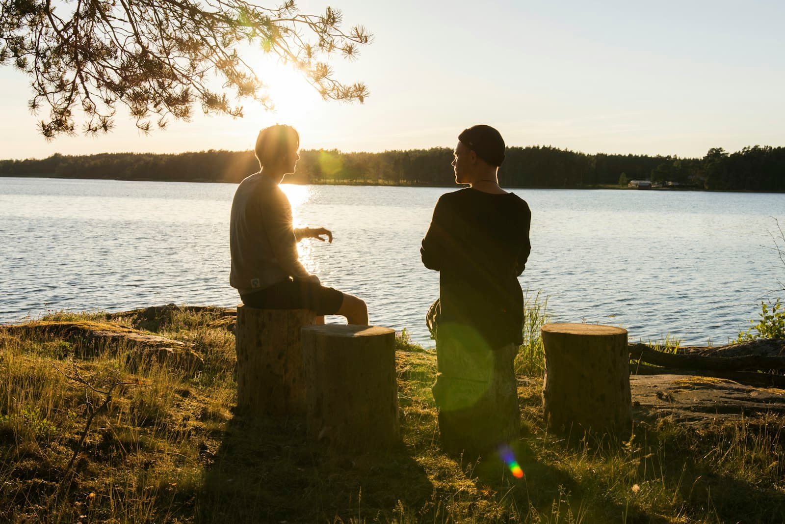 Two people talking by a lake at sunset, one sitting on a tree stump