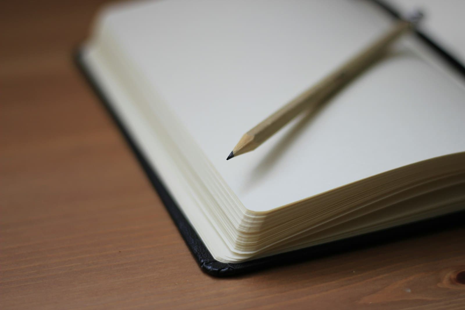 An open blank notebook with a pencil resting across the page