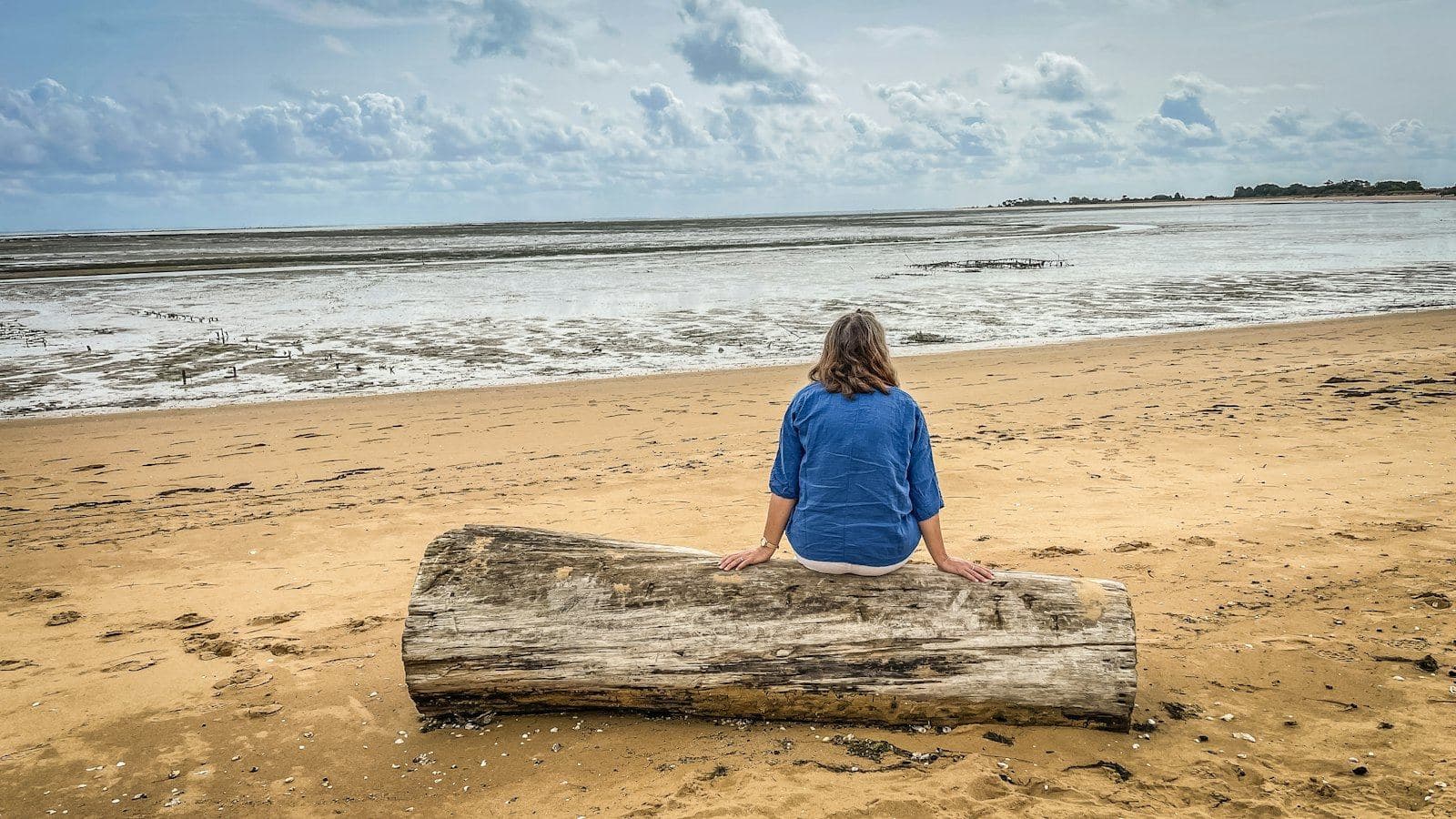 A woman sitting on a driftwood log on the beach, looking at the water